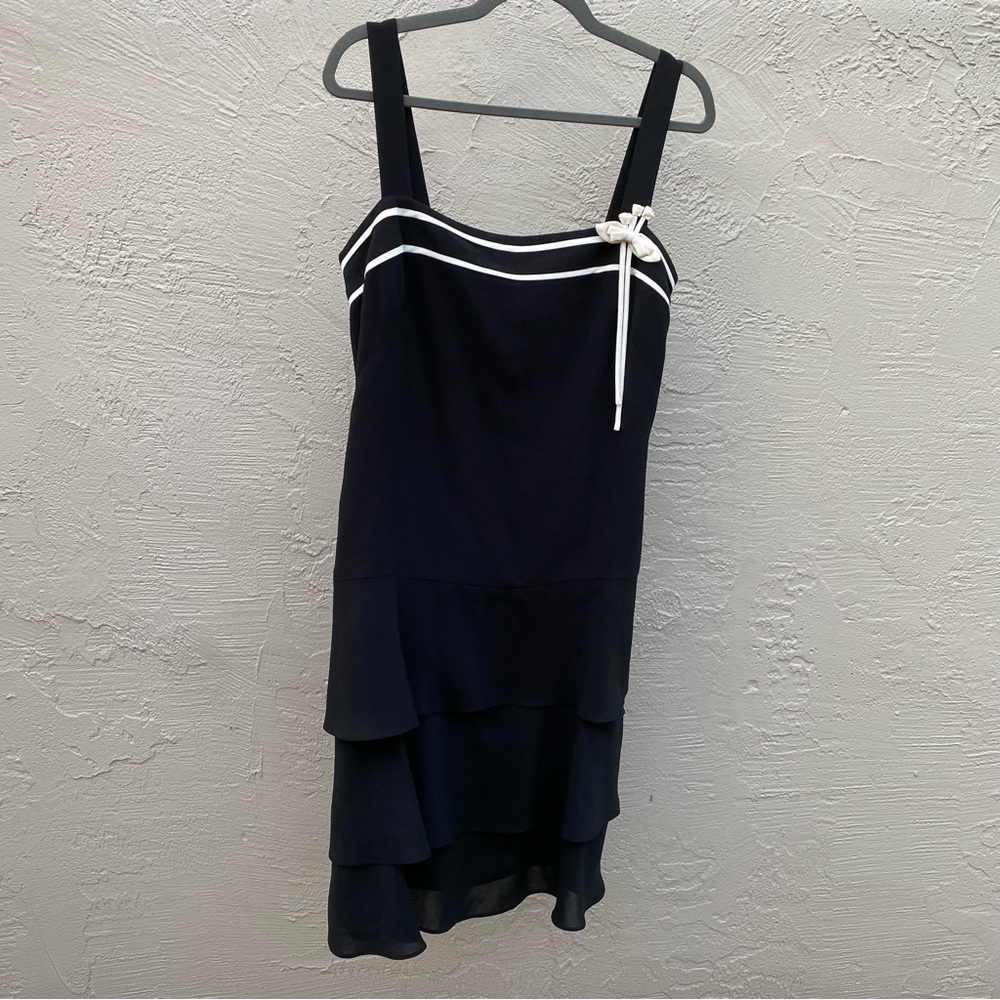 LOFT Black Dress with Ruffles and White Accents